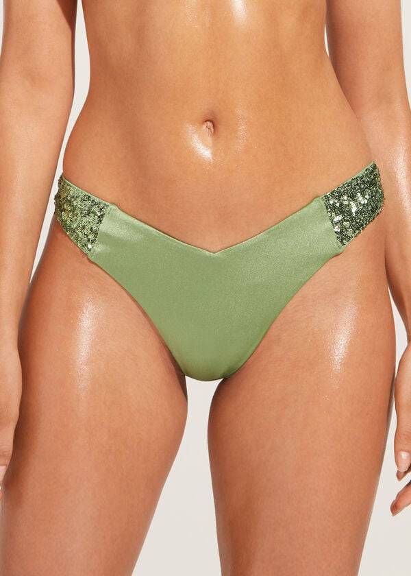 Calzedonia Sequined High-Cut Brazilian Cannes Ženske Donji Dio Bikinija Zelene | HR2647PQ