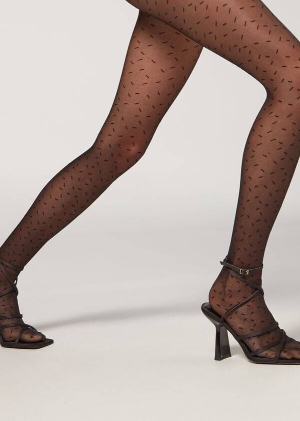 Calzedonia Sheer 30 Denier All-Over Dash Patterned Ženske Hulahopke Crne | HR3064QZ