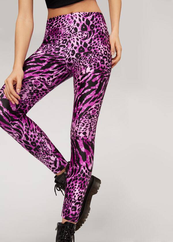 Calzedonia Shiny Animal-Print Athletic Ženske Tajice Roze | HR1509RW