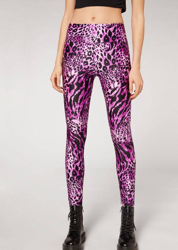 Calzedonia Shiny Animal-Print Athletic Ženske Tajice Roze | HR1509RW