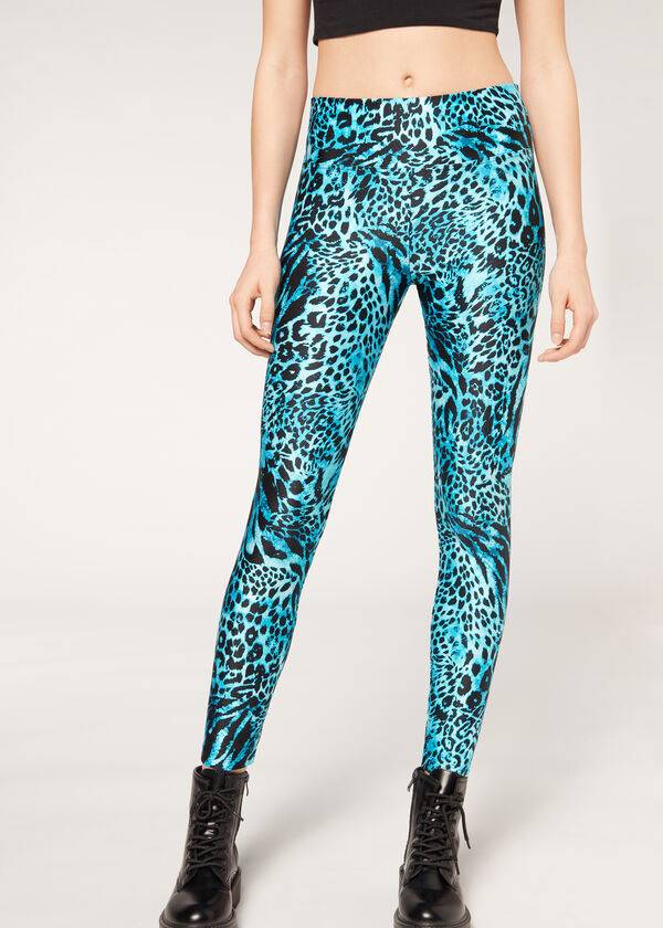 Calzedonia Shiny Animal-Print Athletic Ženske Tajice Tirkizne | HR1510TV