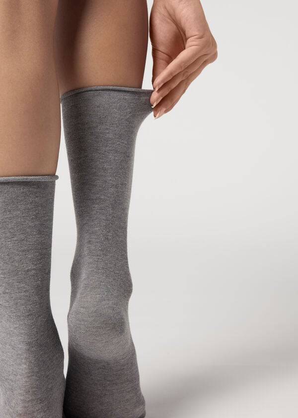 Calzedonia Smooth Cotton Mid-Calf Long Ženske Čarape Srebrne | HR1929IS