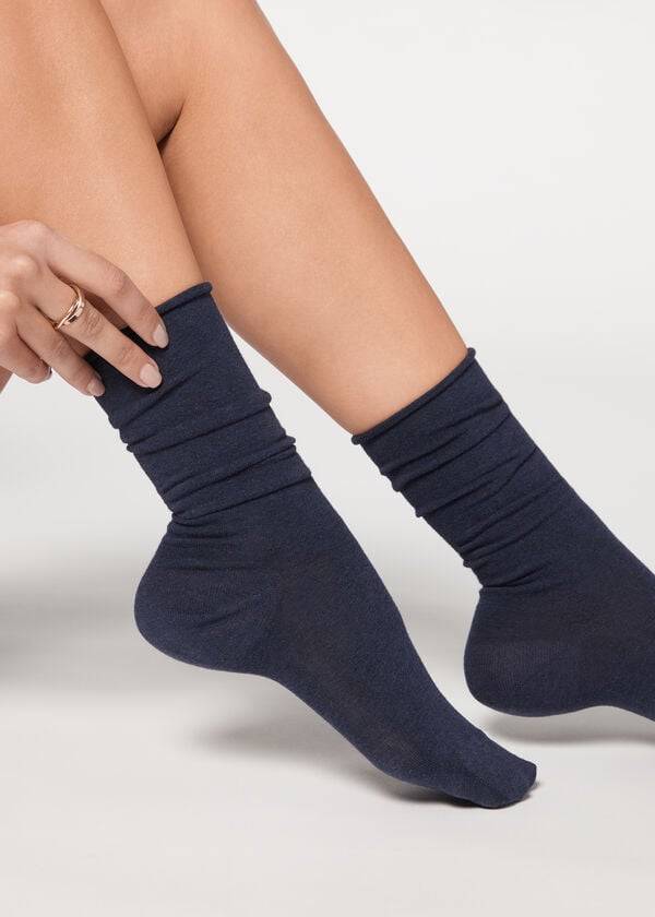 Calzedonia Smooth Cotton Mid-Calf Long Ženske Čarape Tamnoplave | HR1930OR