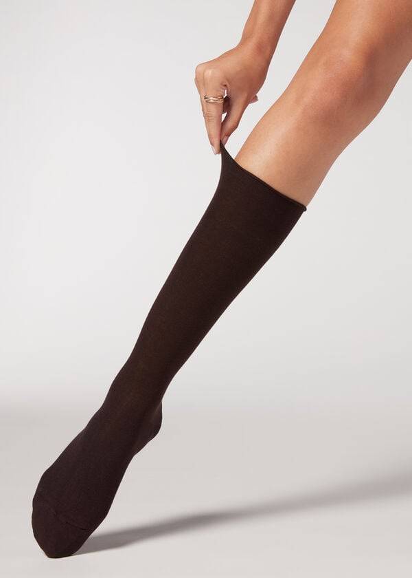 Calzedonia Smooth Cotton Mid-Calf Long Ženske Čarape Kafe | HR1931PQ