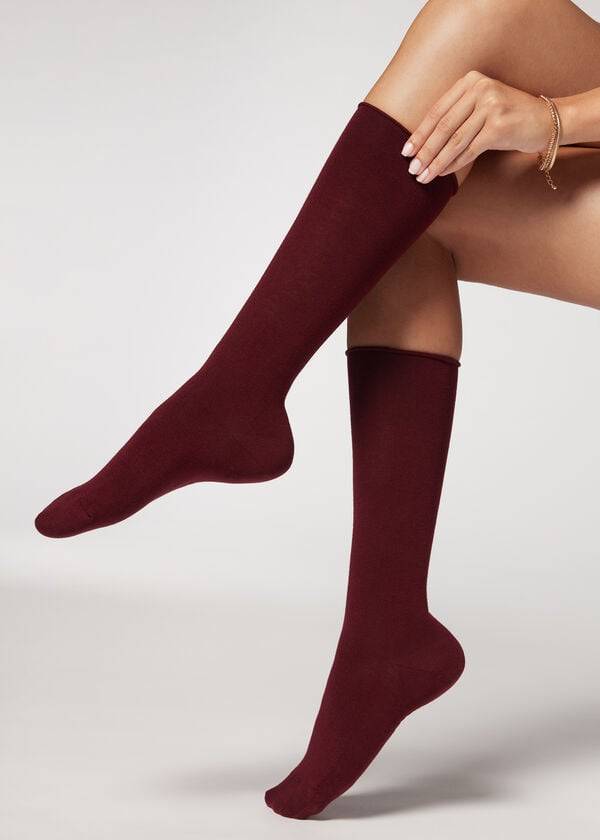 Calzedonia Smooth Cotton Mid-Calf Long Ženske Čarape Crvene | HR1932AP