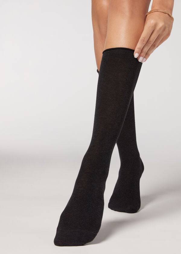 Calzedonia Smooth Cotton Mid-Calf Long Ženske Čarape Sive | HR1933SO