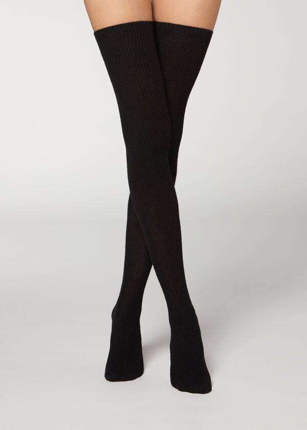 Calzedonia Thigh High Socks with Open Knit Vuna Ženske Stockings Crne | HR2921WY