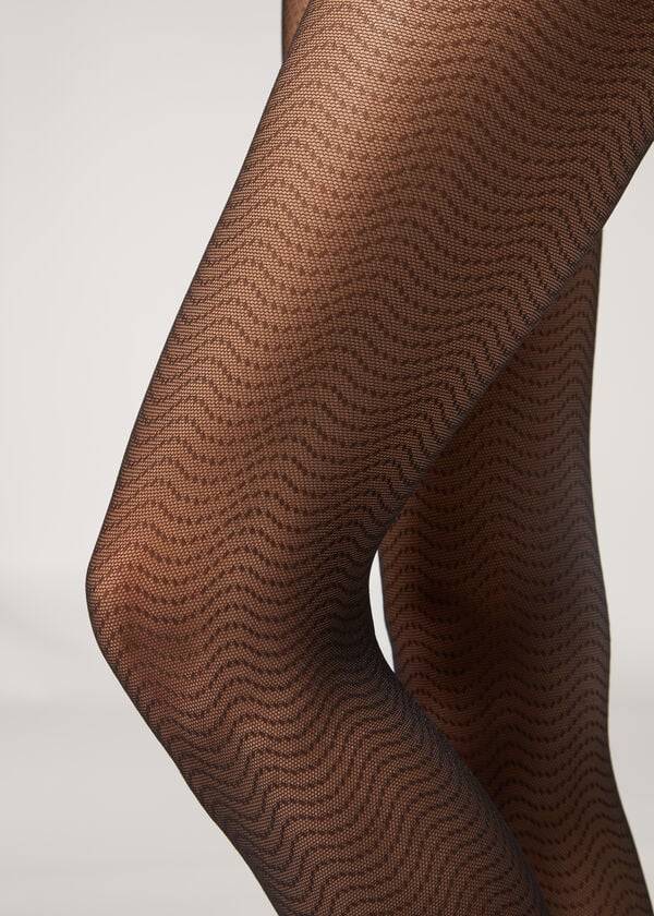 Calzedonia Wave-Motif Micronet Patterned Ženske Hulahopke Crne | HR3058UT